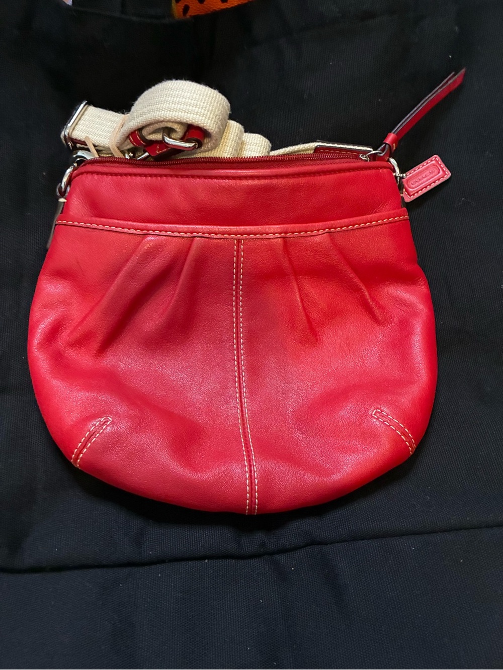 Coach Red Leather Crossbody with Beige Canvas Strap